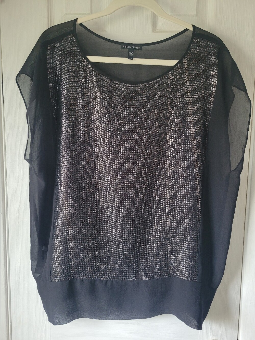 Eileen Fisher 100% Silk Black Textured Front Sheer Top L Minimalist Chic